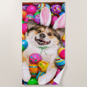 Serviette De Plage Chien allongé sur des œufs de Pâques
