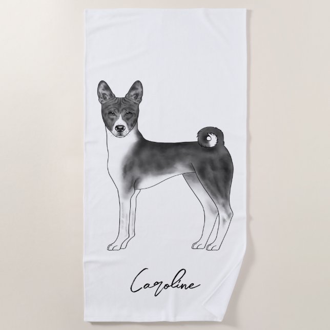 Serviette De Plage Chien Basenji Mignon En Noir Et Blanc & Texte Pers (Devant)
