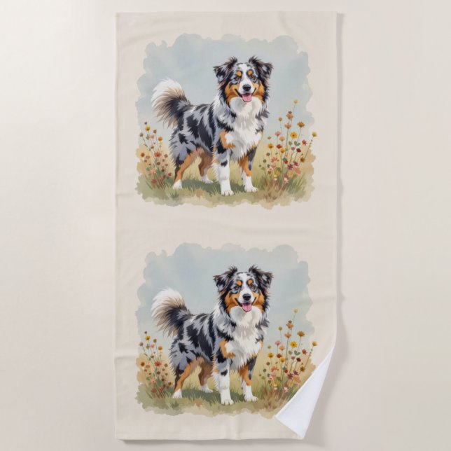 Serviette De Plage Chien berger australien Merle Long Tail (Devant)