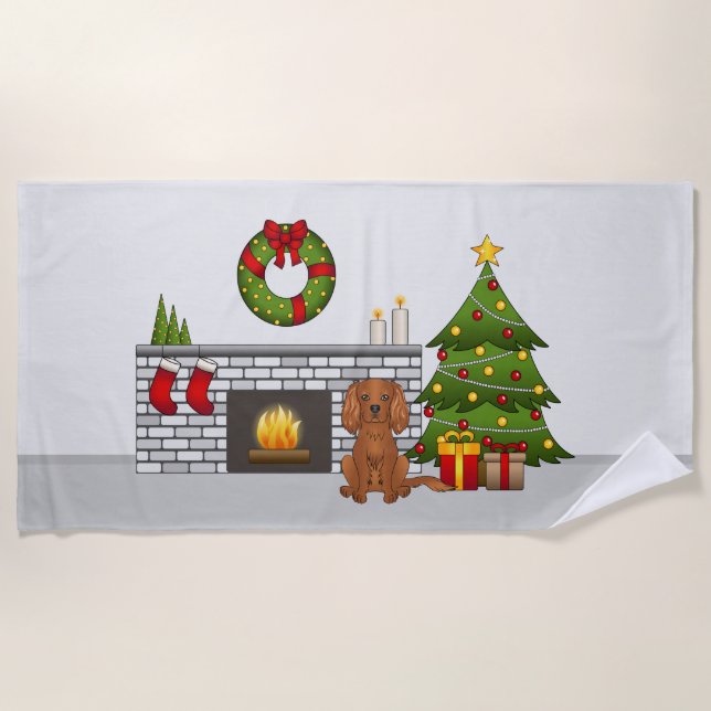 Serviette De Plage Chien Cavalier Ruby Dans Une Salle De Noël Festive (Devant)