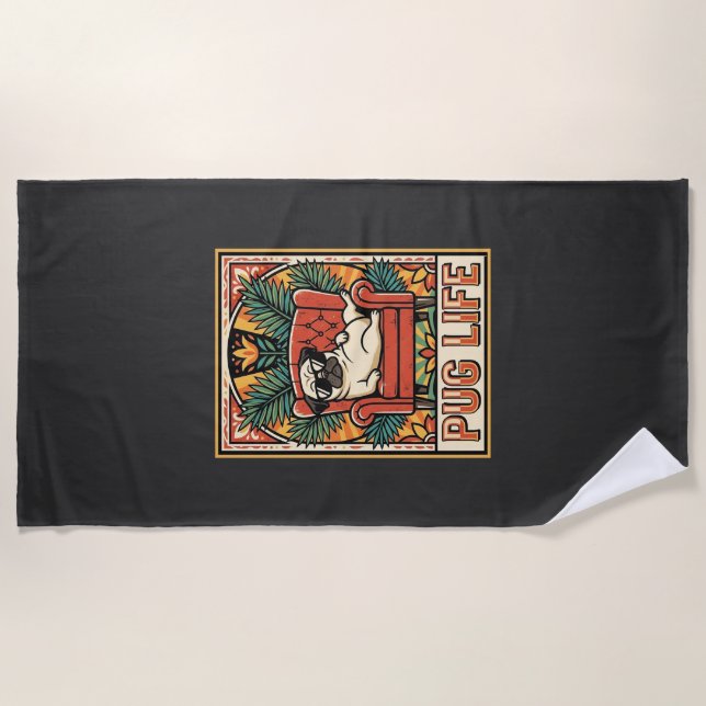 Serviette De Plage Chien d'art populaire rétro Pug Life (Devant)