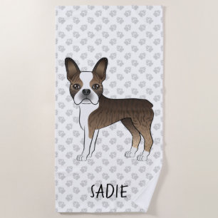 Serviette De Plage Chien de dessin animé Boston Terrier Bringé & Text