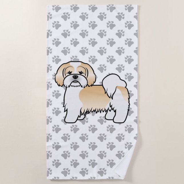 Serviette De Plage Chien de dessin animé mignon Lhasa Apso or et blan (Devant)