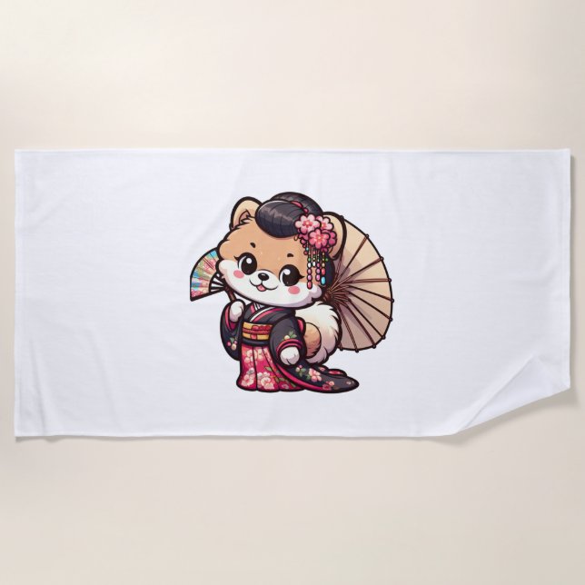 Serviette De Plage Chien de Poméranie Kimono (Devant)