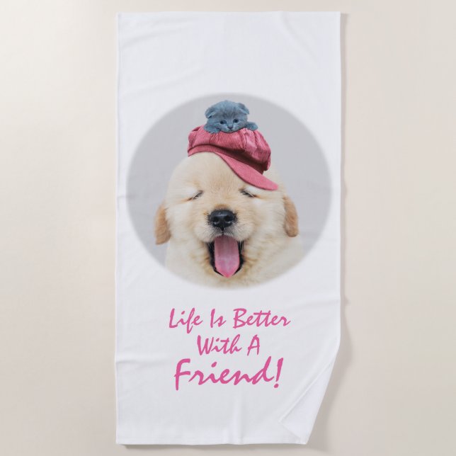 Serviette De Plage Chien et chat mignon Personnaliser (Devant)
