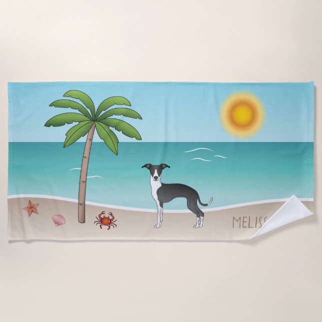 Serviette De Plage Chien Noir Et Blanc Iggy À La Plage Tropicale D'Ét (Devant)