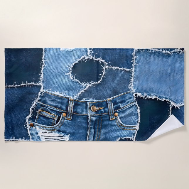Serviette De Plage Chien Patchwork Art Denim (Devant)