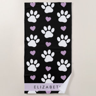 Serviette De Plage Chien Paws, White Paws, Lilac Hearts, Votre Nom