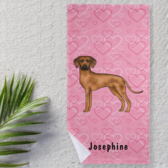 Serviette De Plage Chien Rhodesian Ridgeback sur des cœurs roses avec (Créateur téléchargé)
