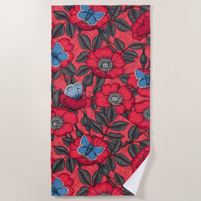Serviette De Plage Chien rose et papillons en rouge et bleu (Devant)