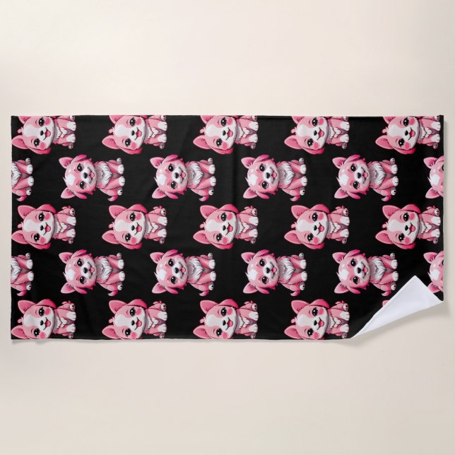 Serviette De Plage Chien rose Motif design - Noir (Devant)