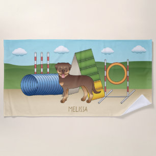 Serviette De Plage Chien Rottweiler Rouge Et Brun Avec Équipement D'A