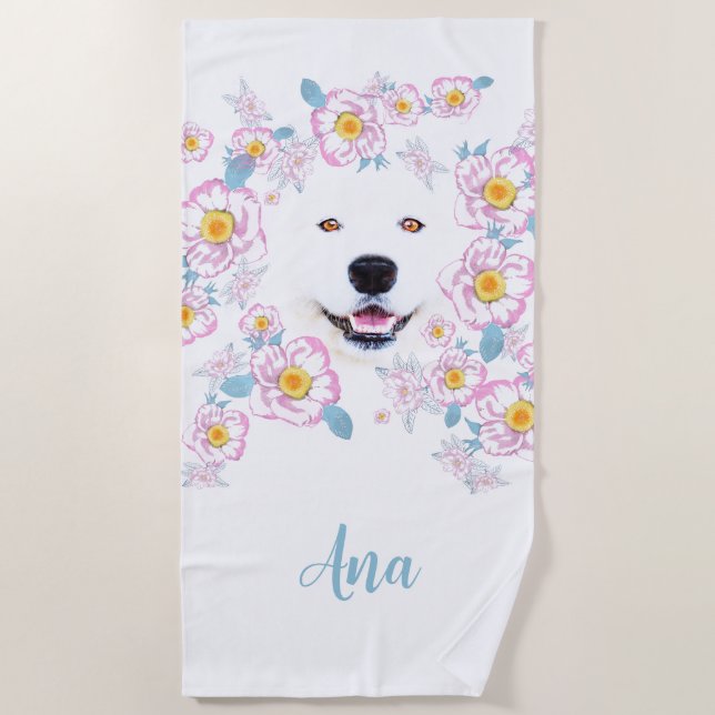 Serviette De Plage Chien Samoyed et fleurs roses, nom customisé (Devant)
