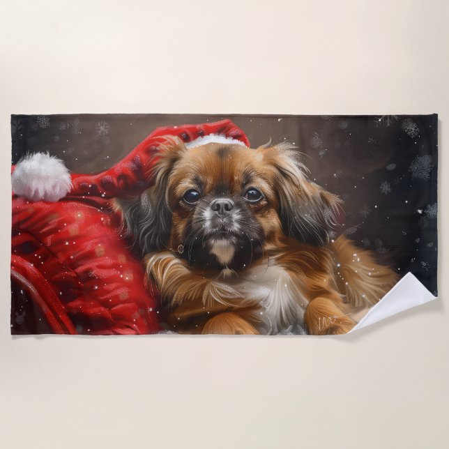 Serviette De Plage Chien Spaniel Tibétain Noël Festif (Devant)