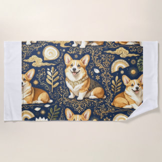 Serviette De Plage Chiens Corgi Élégants Motif Damassé Or Bleu Nuit