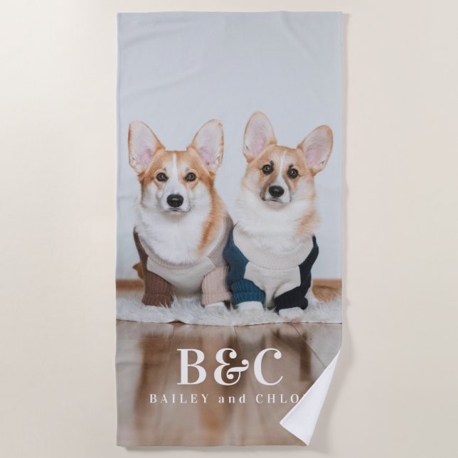 Serviette De Plage Chiens de compagnie mignons Photo Monogrammes Noms (Devant)