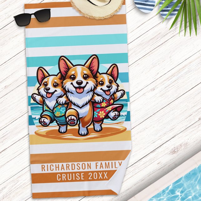 Serviette De Plage Chiens de Corgi mignonne été vacances en famille (Créateur téléchargé)