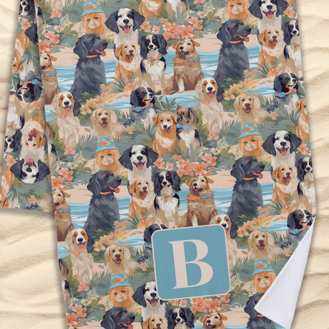 Serviette De Plage Chiens d'été tropicaux Monogramme Motif coloré (Créateur téléchargé)