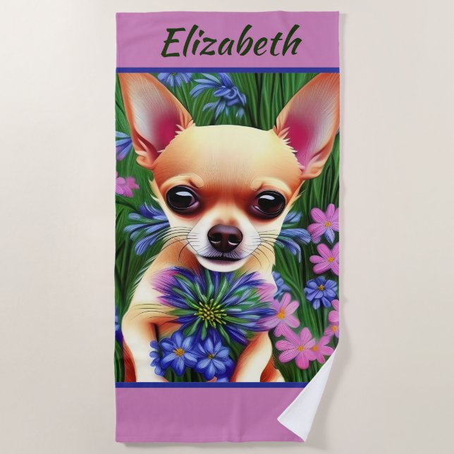Serviette De Plage Chihuahua Puppy dans la prairie de fleurs Personna (Devant)