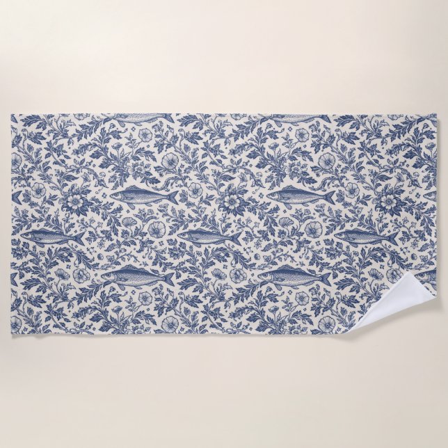 Serviette de plage chinoiserie sardine méditerrané (Devant)