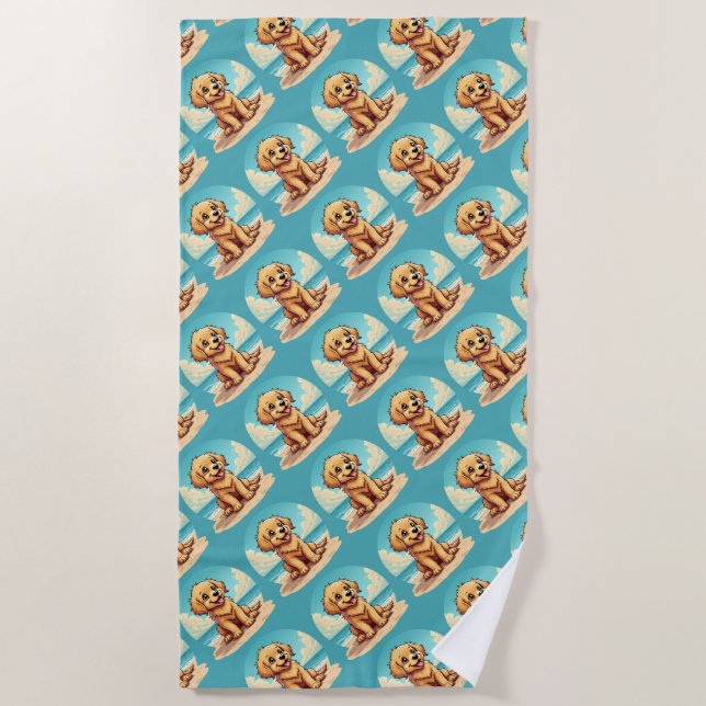 Serviette De Plage Chiot doré mignon sur une scène de plage ensoleill (Devant)