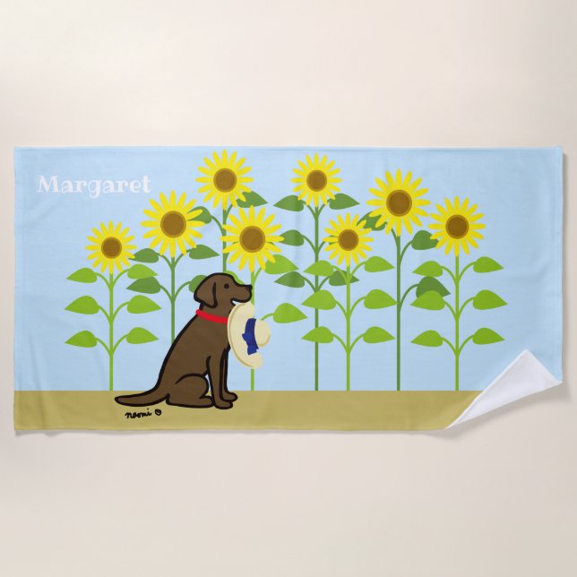 Serviette De Plage Chocolat Labrador et été de tournesols (Devant)