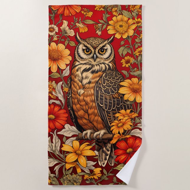 Serviette De Plage Chouette À Rayures Et Fleurs De Zinnia (Devant)