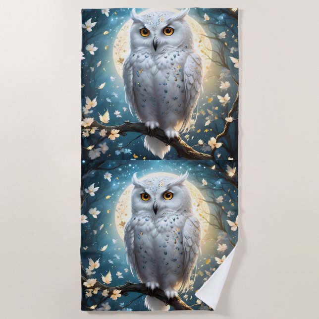 Serviette De Plage Chouette Blanche À Neige Avec Étincelle, (Devant)