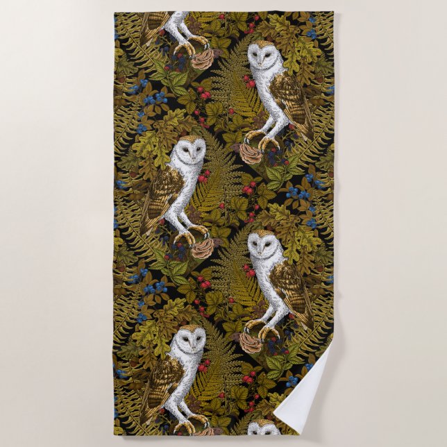 Serviette De Plage Chouettes, fougères, chênes et baies 2 (Devant)