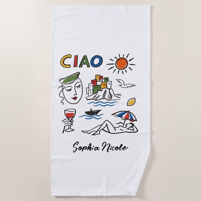Serviette De Plage Ciao! Italian Amalfi Coast Hand Drawn Custom Name (Devant)
