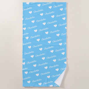 Serviette De Plage Ciel bleu Nom répétitif Script Heart Beach Towel
