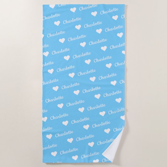 Serviette De Plage Ciel bleu Nom répétitif Script Heart Beach Towel (Devant)