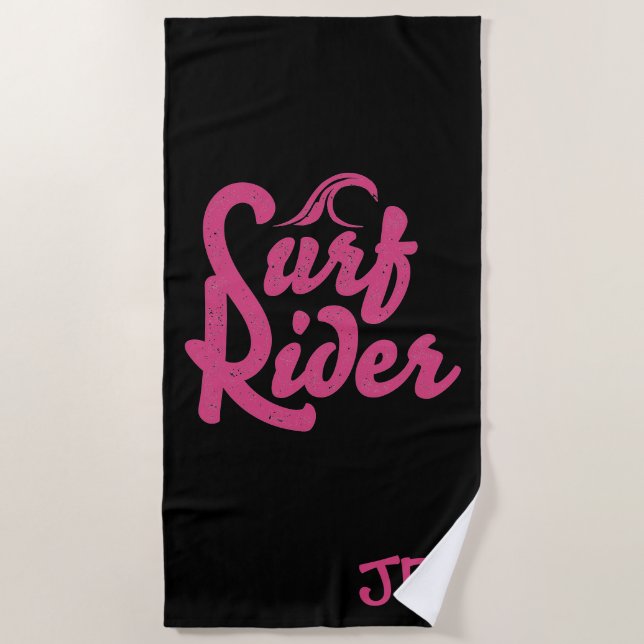 Serviette De Plage Citation de cavalier surf Monogramme rose noir ten (Devant)