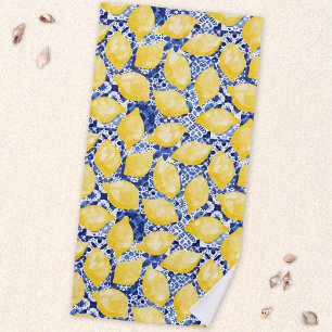 Serviette De Plage Citron bleu méditerranéen Carrelage blanc
