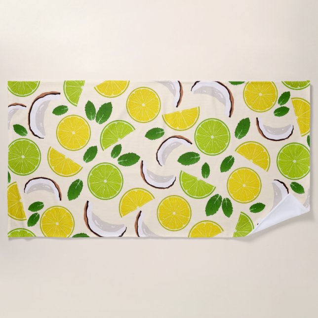 Serviette De Plage Citron chaux noix de coco et menthe joyeux motif (Devant)