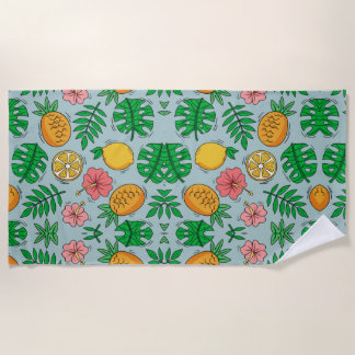 Serviette De Plage citron d'ananas tropical et motif de fleurs roses