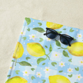 Serviette De Plage Citrons et Marguerites à Carreaux Bleus