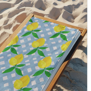 Serviette De Plage Citrons jaunes ensoleillés bleu blanc à carreaux