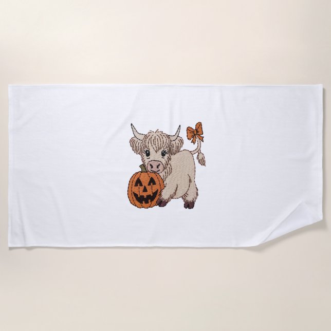 Serviette De Plage Citrouille de vache des Highlands d'Halloween (Devant)