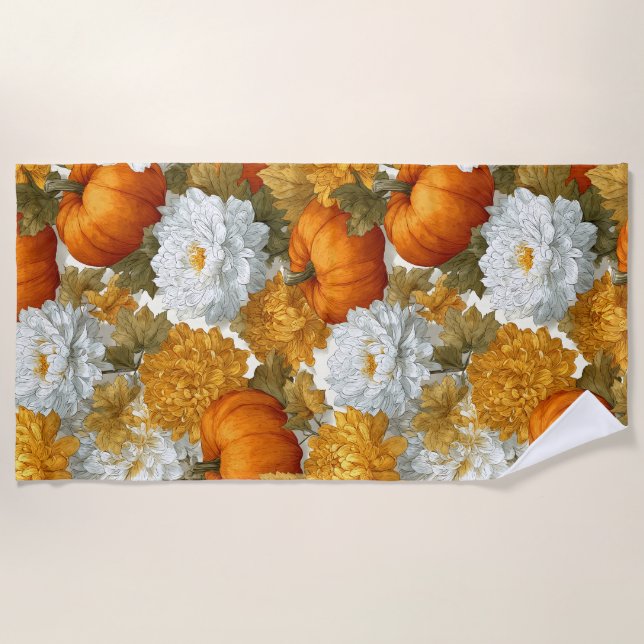 Serviette De Plage Citrouilles et chrysanthèmes Automne Design (Devant)