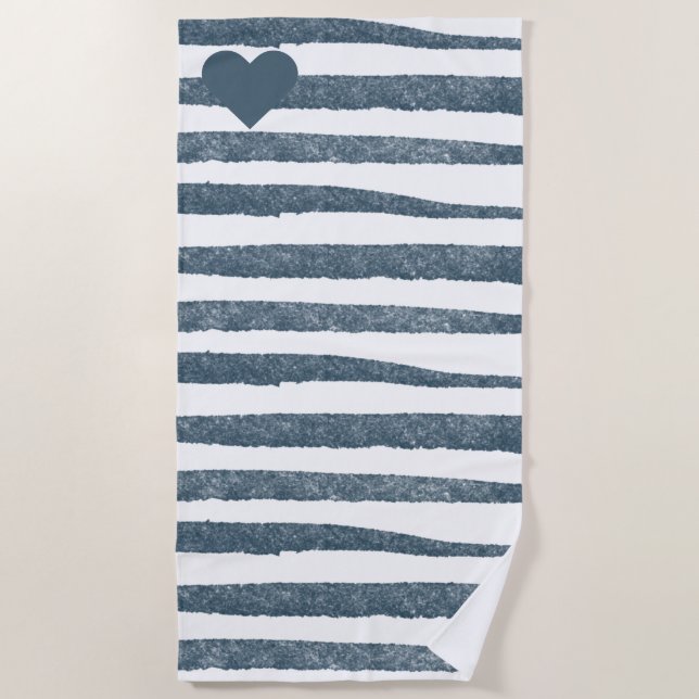 Serviette De Plage Classique Destination Rustique Rayée Bleu Et Blanc (Devant)