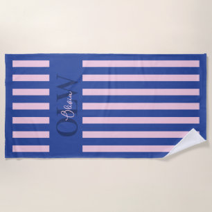 Serviette De Plage Classique Rose et Bleu Rayé Personnalisé Sur Mesur