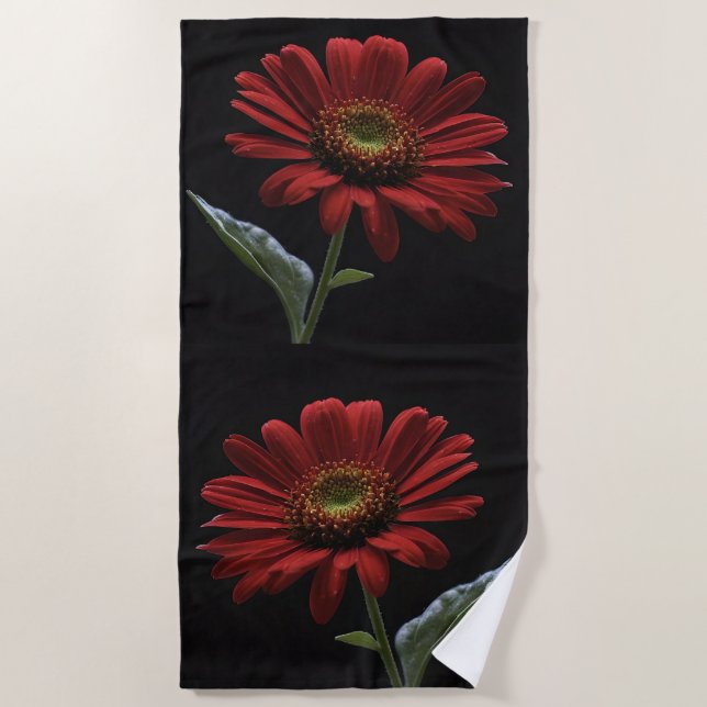 Serviette De Plage Classy Red Daisy sur fond noir, (Devant)