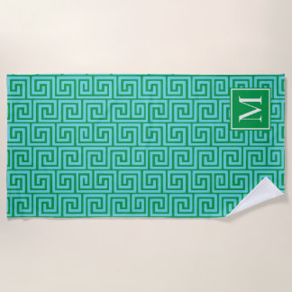 Serviette De Plage Clé grecque preppy avec monogramme – Vert & Turquo