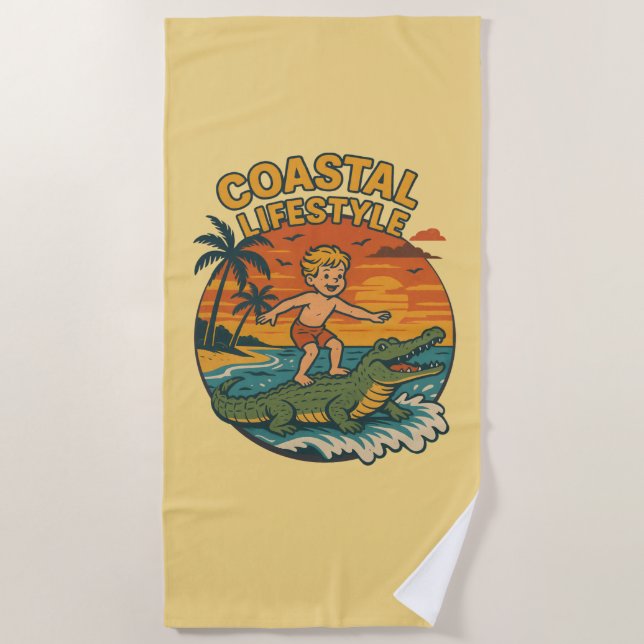 Serviette De Plage Coastal Lifestyle Alligator Surfing Retro Surf Art (Devant)