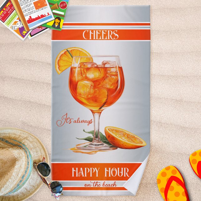 Serviette De Plage Cocktail Festive Orange Happy Hour (Beach towel featuring a modern design cocktail in bright orange on silver with orange stripes)
