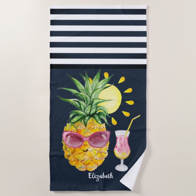 Serviette De Plage  Cocktail Soleil Ananas Rayures Bleu Marine  (Devant)