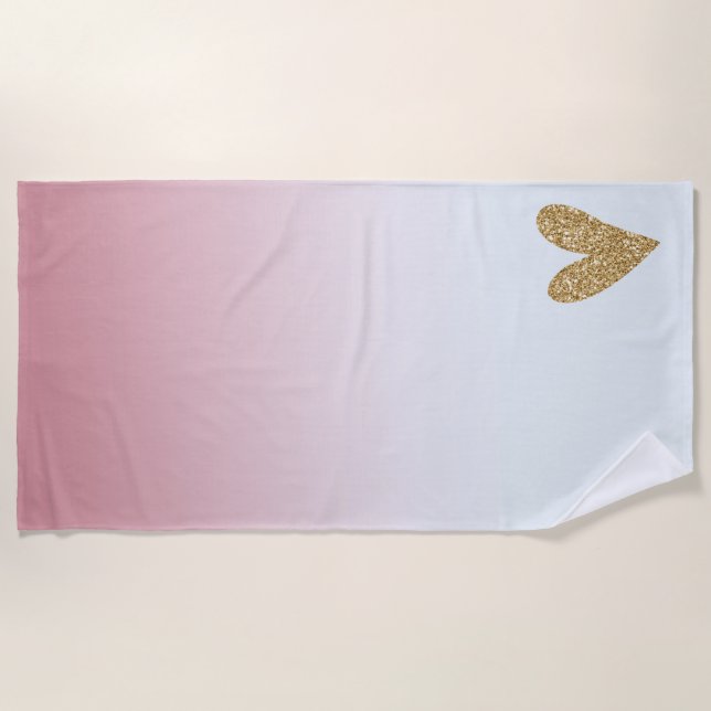 Serviette De Plage Coeur de Parties scintillant or Ombre rose blanc (Devant)