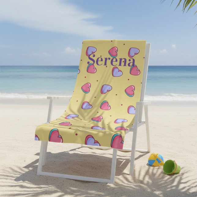 Serviette De Plage Cœur rose et jaune monogramme (Créateur téléchargé)