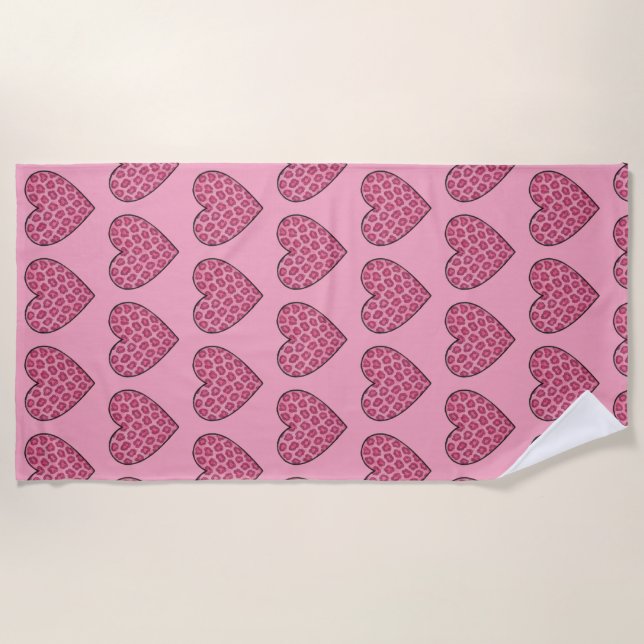 Serviette De Plage Cœurs à motif de guépard rose (Devant)